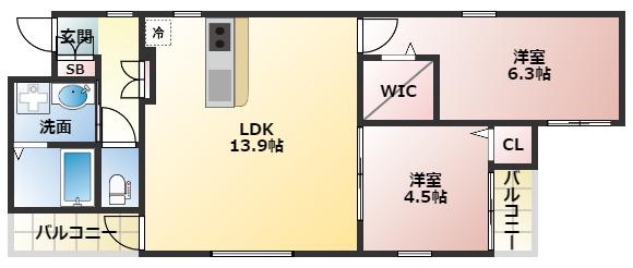 ステディ帝塚山(2LDK/2階)の間取り写真