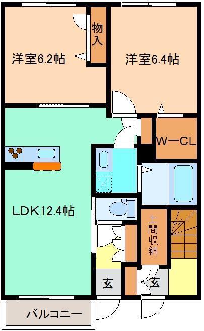 ボタンヴュー B(2LDK/1階)の間取り写真