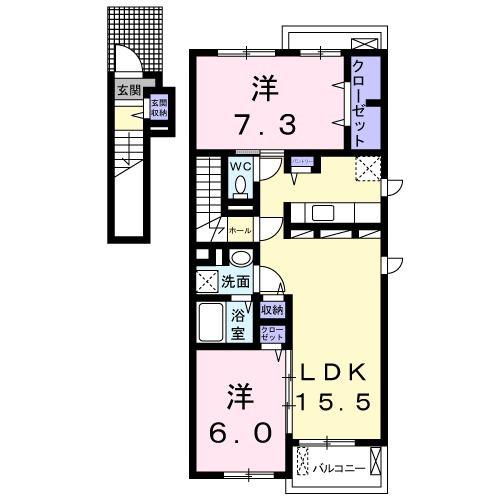 コンフォートつつじが丘B(2LDK/2階)の間取り写真