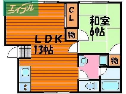 レインボーハイツ今 B棟(1LDK/2階)の間取り写真