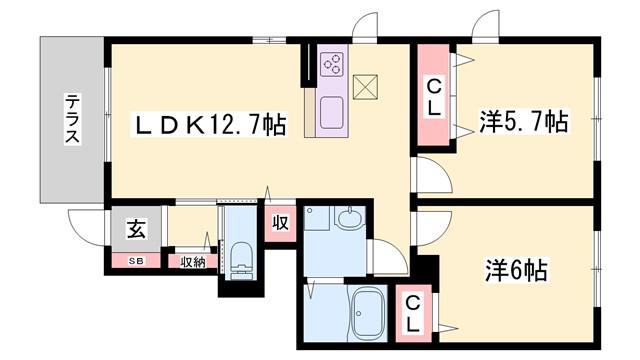 アトリエール上中B棟(2LDK/1階)の間取り写真