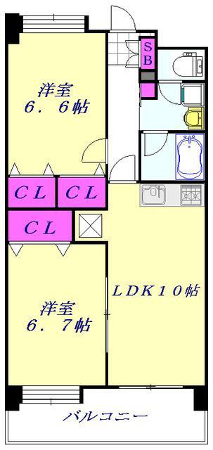 タケノヤハイツ錦町(2LDK/12階)の間取り写真