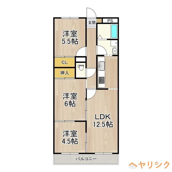サンコートやしろが丘(3LDK/3階)の間取り写真