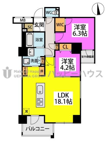 カルシア姪浜ノルド(2LDK/7階)の間取り写真