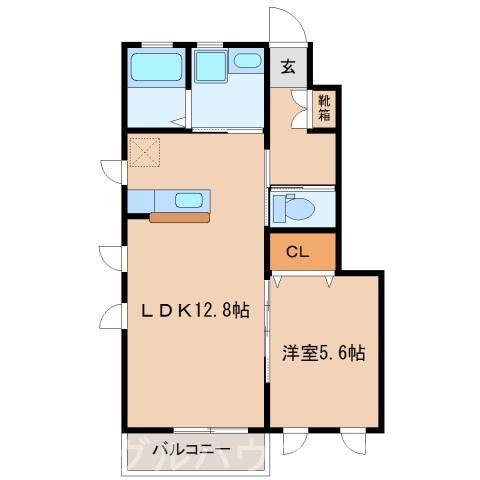 サニーハイツ朝日D棟(1LDK/1階)の間取り写真