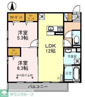 オークリーフ三郷 A(2LDK/1階)の間取り写真