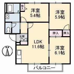 ファミールイワクラ A棟(3LDK/1階)の間取り写真