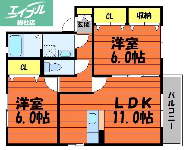 ライフモア守上B棟(2LDK/2階)の間取り写真
