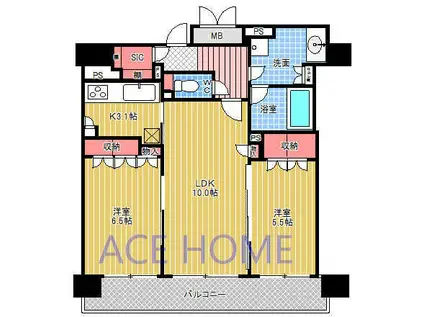 ブランズタワー御堂筋本町(2LDK/16階)の間取り写真