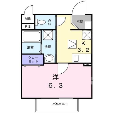ソレイユ厚木(1K/1階)の間取り写真