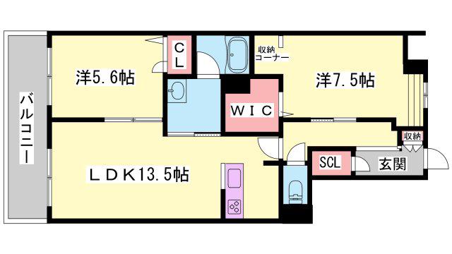 オカバ姫路岡町シャーメゾン(2LDK/2階)の間取り写真