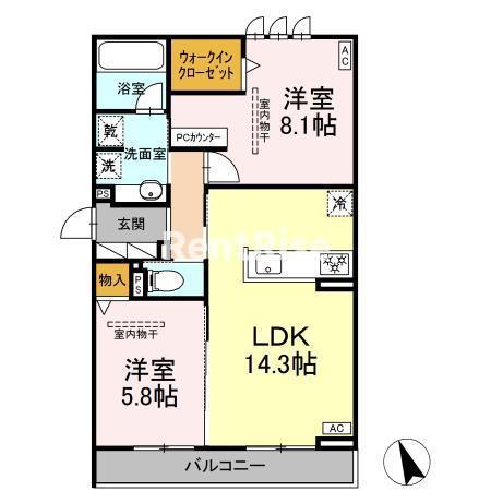 グラン ミリュウ(2LDK/2階)の間取り写真