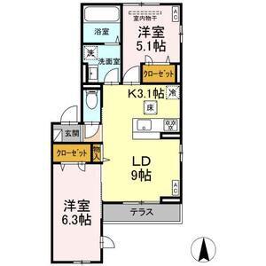 ルリアン小田原(2LDK/1階)の間取り写真