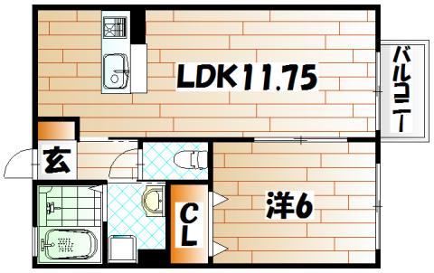 オーク上富野(1LDK/1階)の間取り写真