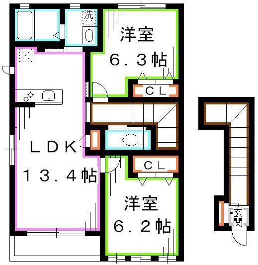 カーサフェリーチェI(2LDK/2階)の間取り写真