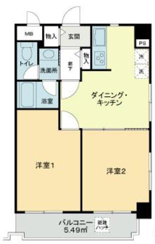 ライオンズマンション鵜の木駅前(2DK/4階)の間取り写真