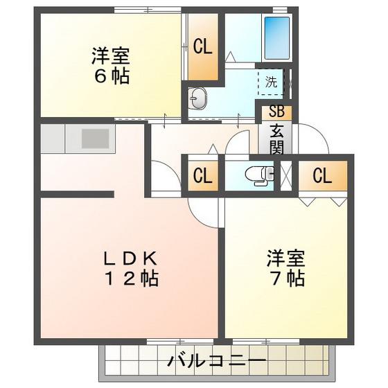 メルベーユ岩之谷D(2LDK/2階)の間取り写真