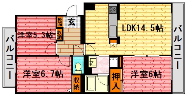 サンヒルズ利松(3LDK/4階)の間取り写真