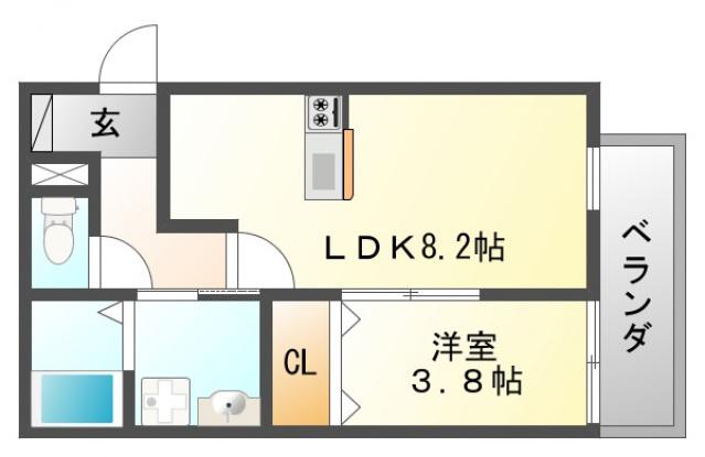 プライムコート豊津(1DK/2階)の間取り写真