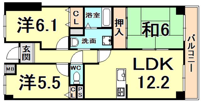 ウエストヒルズI(3LDK/3階)の間取り写真
