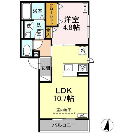 D-HILLS元魚(1LDK/2階)の間取り写真