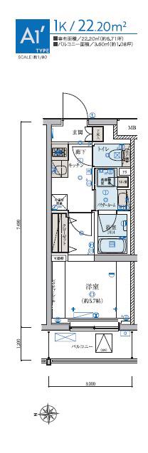 リヴシティ妙蓮寺(1K/3階)の間取り写真