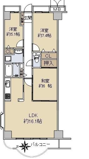 シャンテ川西(3LDK/14階)の間取り写真