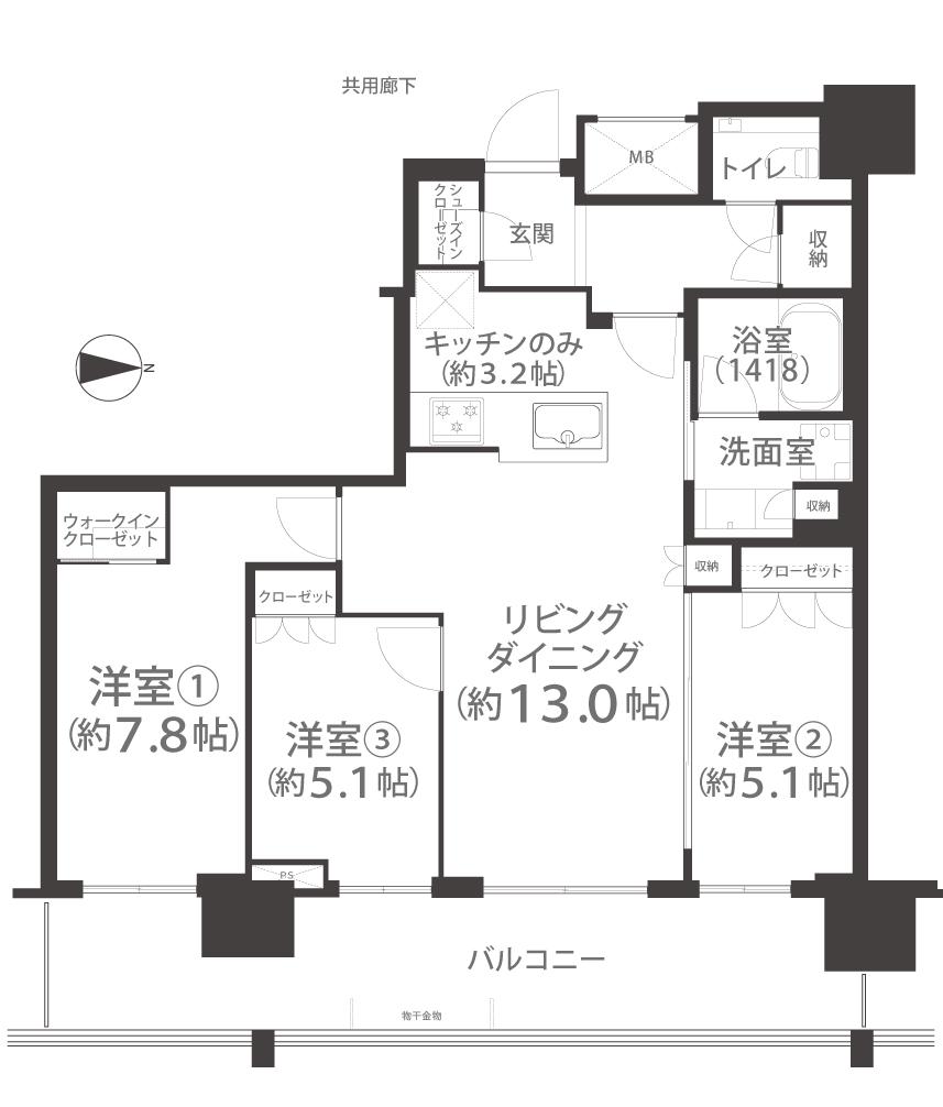 プラウドタワー岡山(3LDK/16階)の間取り写真
