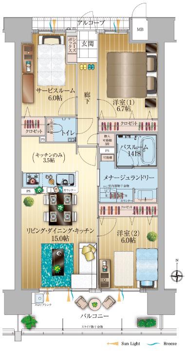 アルファステイツ倉敷阿知(3LDK/15階)の間取り写真
