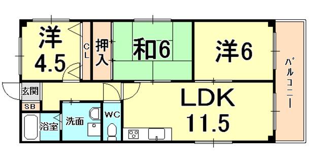 シャトレ鳴尾(3LDK/2階)の間取り写真