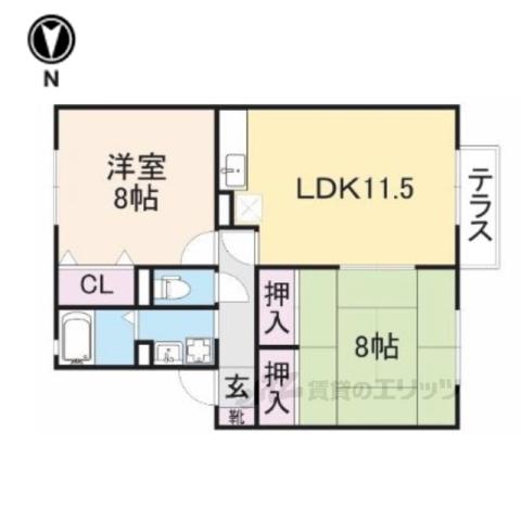 ＪＲ片町線 忍ケ丘駅 徒歩15分 2階建 築26年(2LDK/1階)の間取り写真