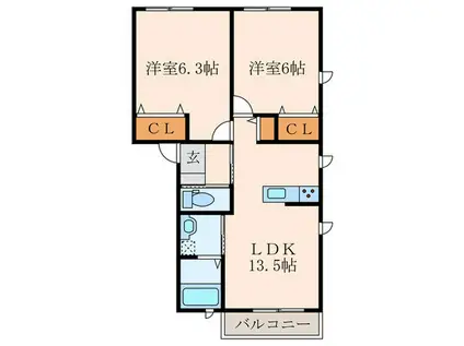 ヴィラウィステリア門司 A棟(2LDK/1階)の間取り写真