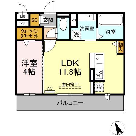 D-スクエア牛田(1LDK/2階)の間取り写真
