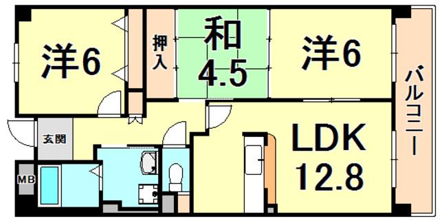 アメニティコート西宮北口(3LDK/13階)の間取り写真