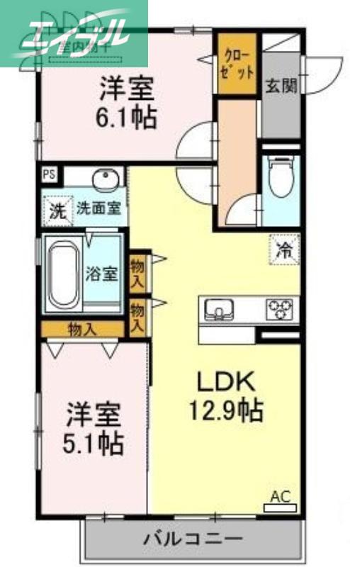 イル ヴィラージュ A棟(2LDK/2階)の間取り写真