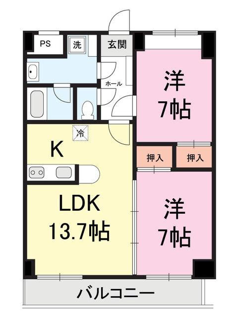 サニーフラット宮関(2LDK/5階)の間取り写真
