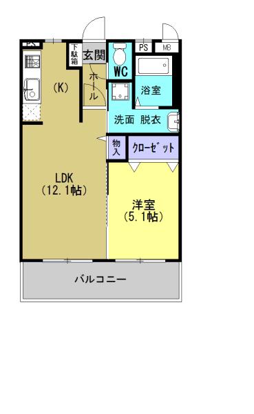ヒルズ唐湊(1LDK/4階)の間取り写真