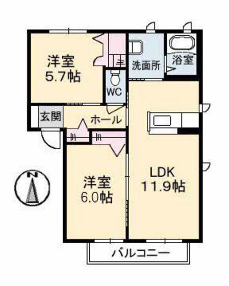 アットホーム原II A棟(2LDK/1階)の間取り写真