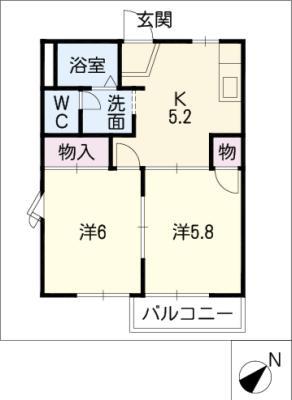フレグランス田園B(2K/1階)の間取り写真