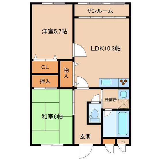 ラフォーレ鵜坂(2LDK/2階)の間取り写真