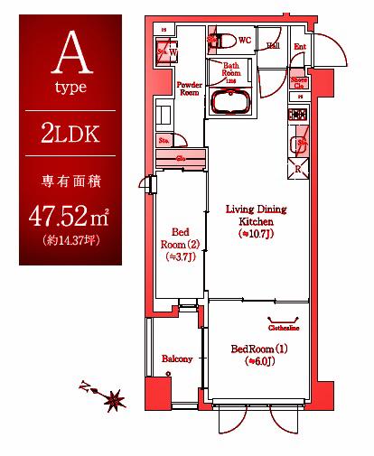 プレミアムフラット横濱紅葉坂(2LDK/3階)の間取り写真