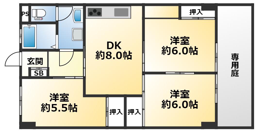 熊野サンハイツ(3LDK/1階)の間取り写真
