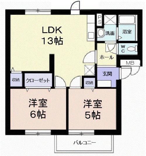 ニューエルディム横山B棟(2LDK/1階)の間取り写真