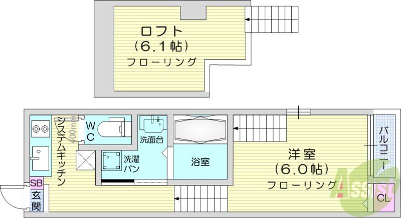 ハーモニーテラス宮城野原(1K/1階)の間取り写真