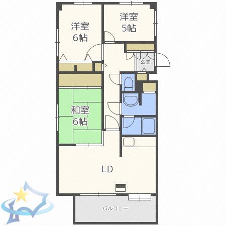 ライオンズマンション西線6条(3LDK/6階)の間取り写真