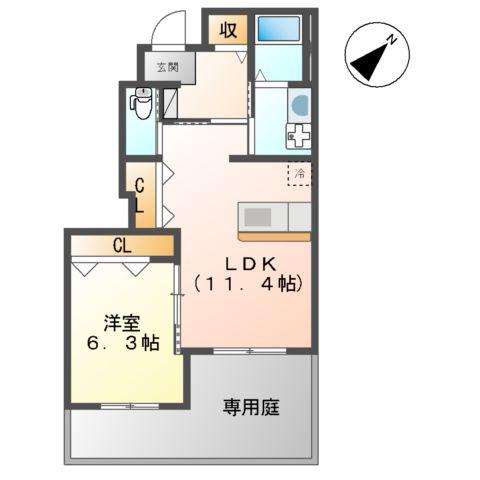 フォレスト 姫城(1LDK/1階)の間取り写真