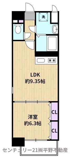 ムーンリバー久留米東町(1LDK/9階)の間取り写真