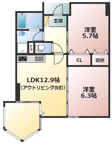 アネーロ上粕屋(2LDK/2階)の間取り写真