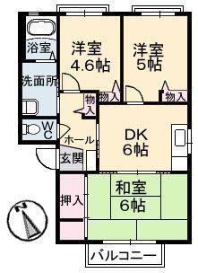イーストパーク D棟(3DK/2階)の間取り写真