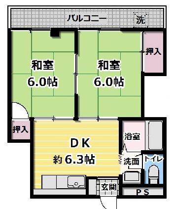 コーポナカムラ(2DK/4階)の間取り写真
